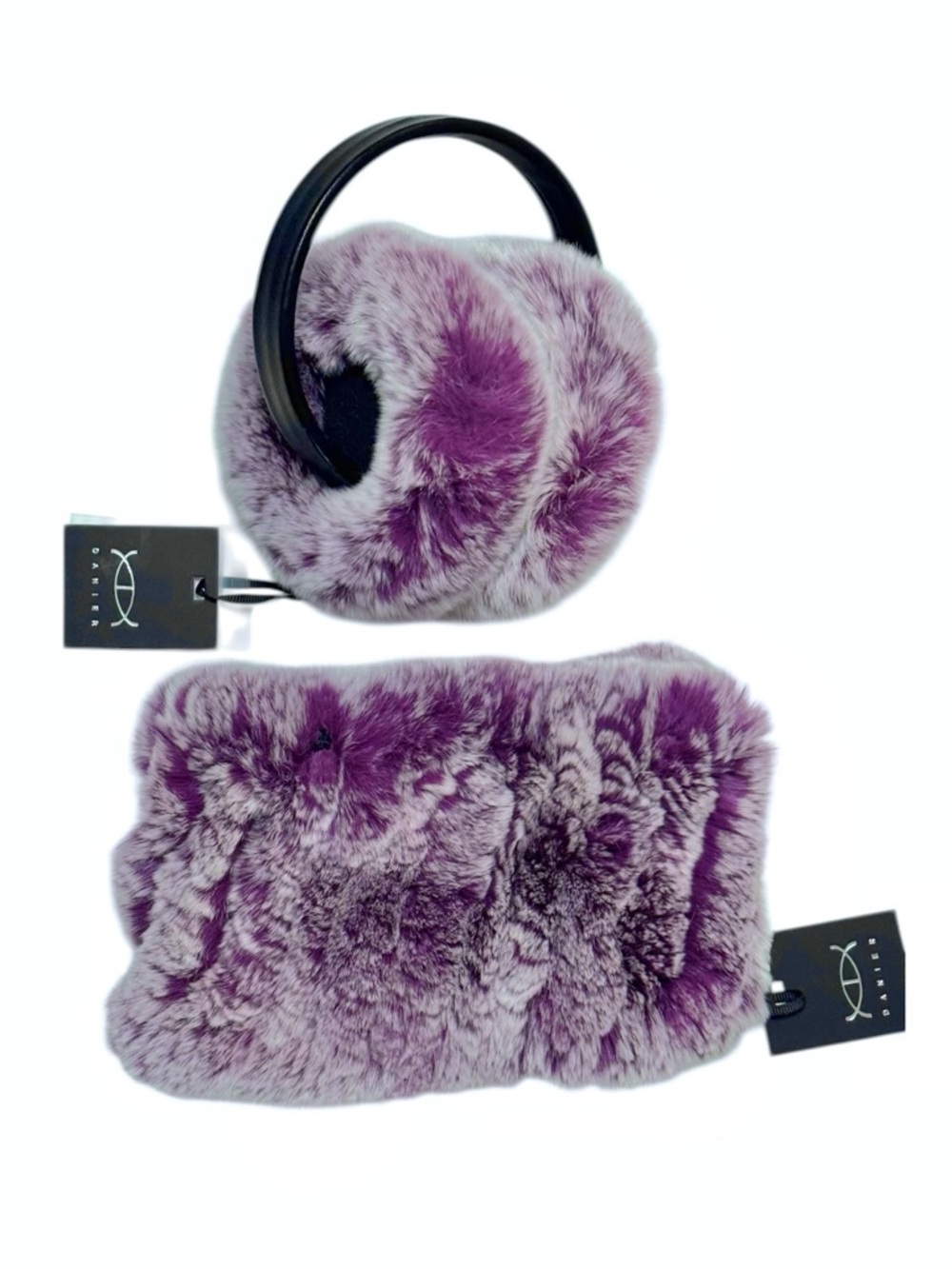 NWT Danier Carrie 100% Rex Rabbit Fur Sheep Leather Earmuffs Eggplant/White - Picture 2 of 6